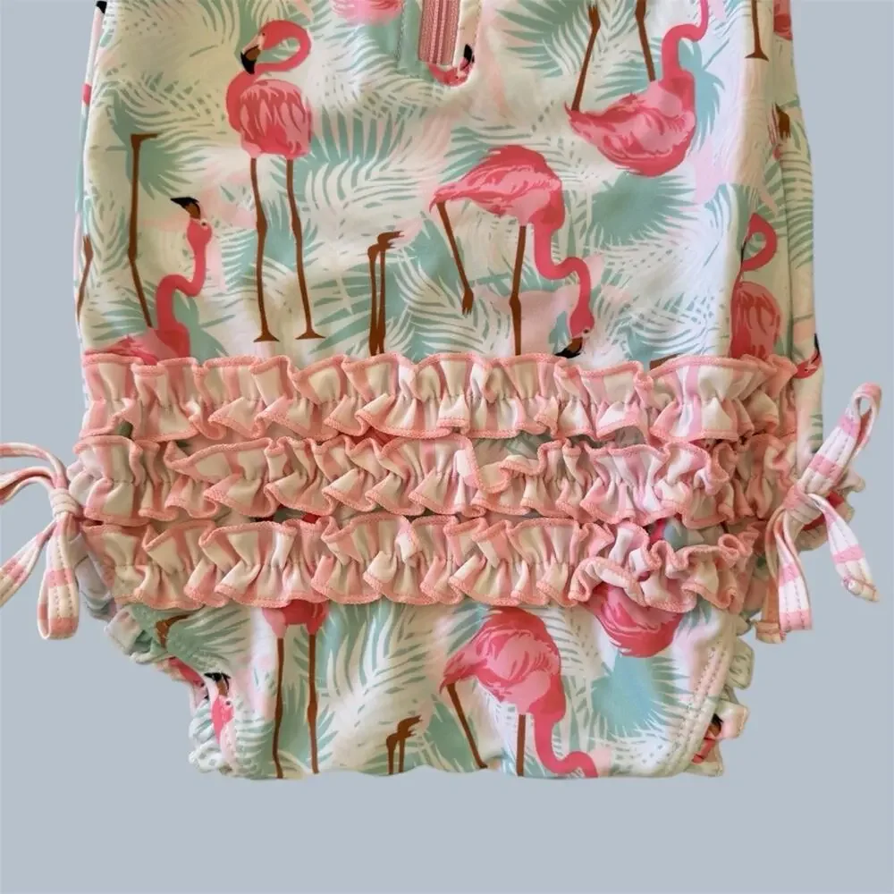 Ruffle Butts Kids Flamingo Print One Piece Rash Guard Swimwear Size 12-18 M